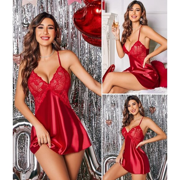 Women's Red Lingerie V Neck Nightwear Satin Sleepwear Lace Chemise Mini Dress - Picture 2 of 8